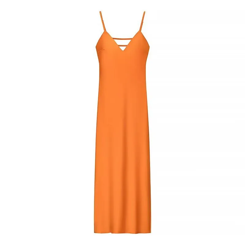 Golden Holiday Party Dress Silk Satin Texture Midi Skirt Sling Dress - Orange