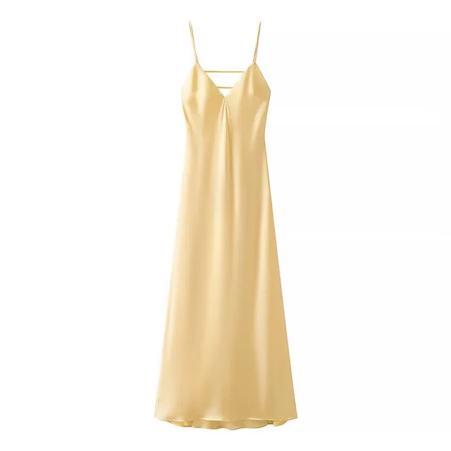 Golden Holiday Party Dress Silk Satin Texture Midi Skirt Sling Dress Yellow - Shop at LoveMi
