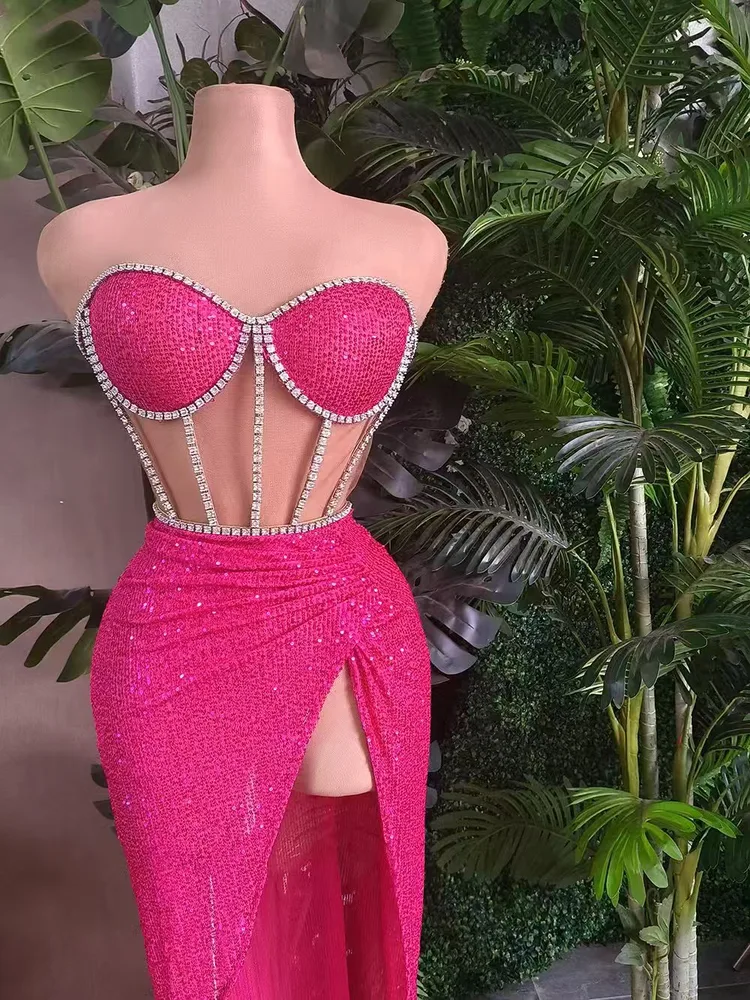 Women's Casual All-match Shiny Rhinestone Sequins Top Dress Suit - Rose Red - View 1