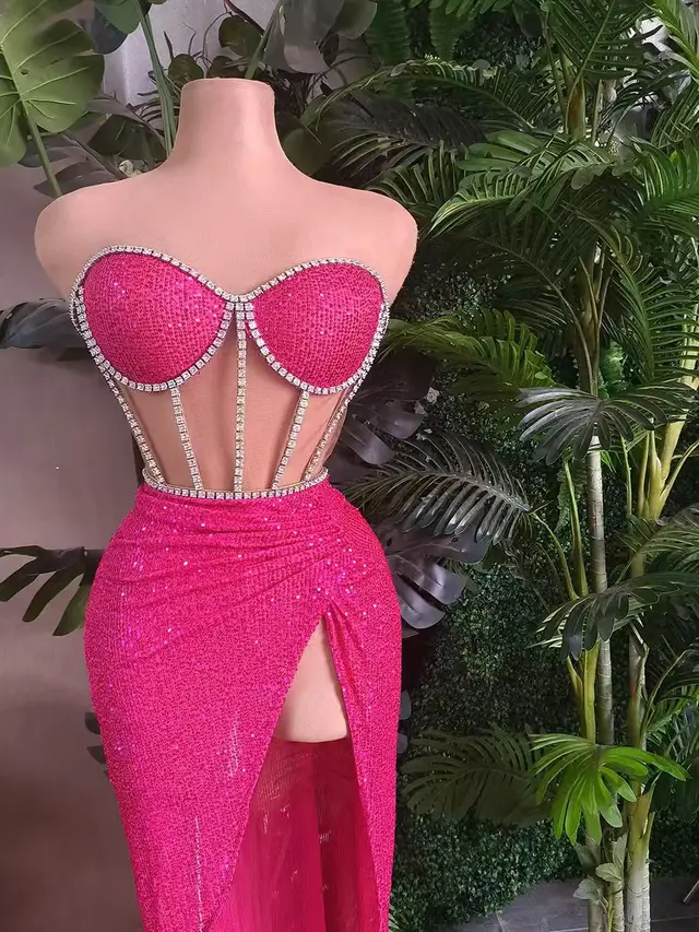 Women's Casual All match Shiny Rhinestone Sequins Top Dress Suit Rose Red - Shop at LoveMi