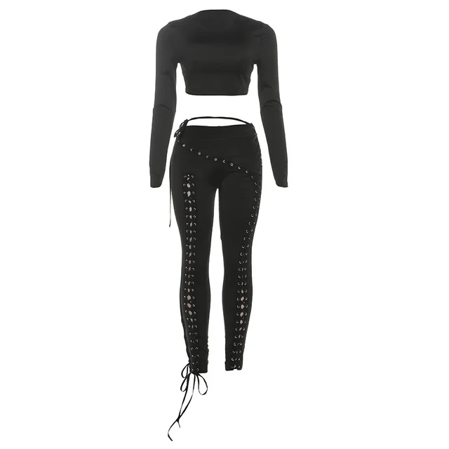 Women's Long sleeved Top Sexy Cutout Lace up Tight Trousers Two piece Set Black - Shop at LoveMi