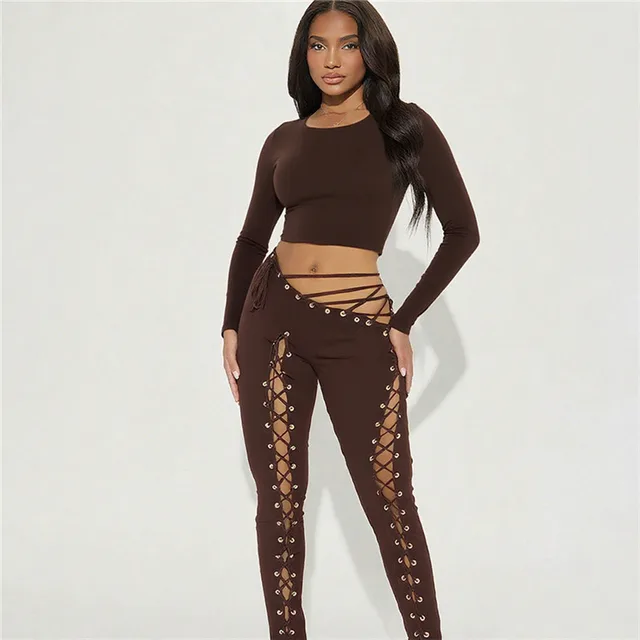 Women's Long sleeved Top Sexy Cutout Lace up Tight Trousers Two piece Set Brown - Shop at LoveMi