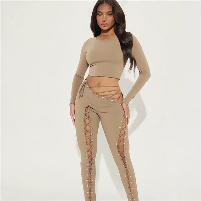 Women's Long sleeved Top Sexy Cutout Lace up Tight Trousers Two piece Set Khaki - Shop at LoveMi