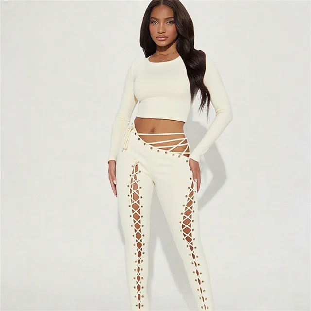 Women's Long sleeved Top Sexy Cutout Lace up Tight Trousers Two piece Set White - Shop at LoveMi