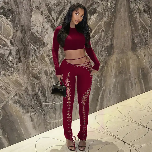 Women's Long sleeved Top Sexy Cutout Lace up Tight Trousers Two piece Set Wine Red - Shop at LoveMi