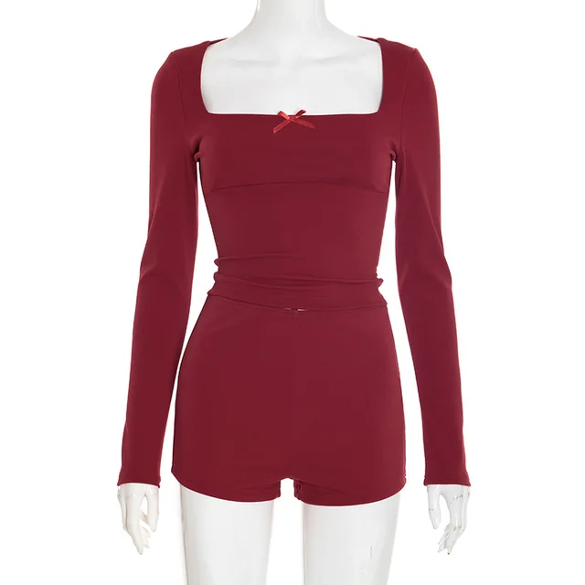 New Square Collar Bow Long Sleeve Top Tight Shorts Suit Women Wine Red - Shop at LoveMi