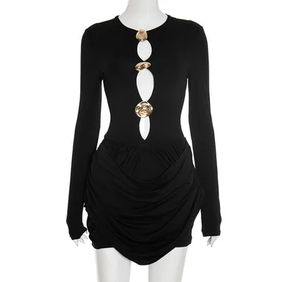 Slim Fit Elegant Luxury Decorative Pleated Mini Short Dress Black - Shop at LoveMi