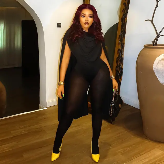 Solid Color Casual Slim fitting Patchwork Long Sleeve Open Arm Mesh Long Conjoined Trousers Black - Shop at LoveMi