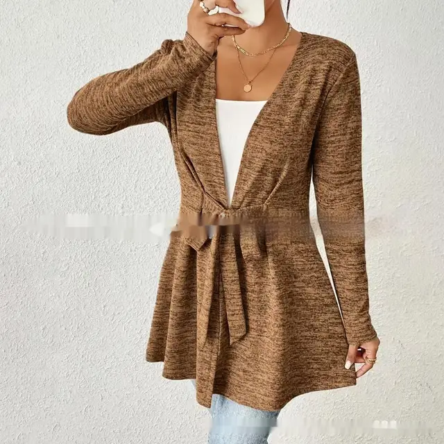 Solid Color Long Sleeve Lace Up Casual Loose Cardigan Top Women's Coat Caramel - Shop at LoveMi