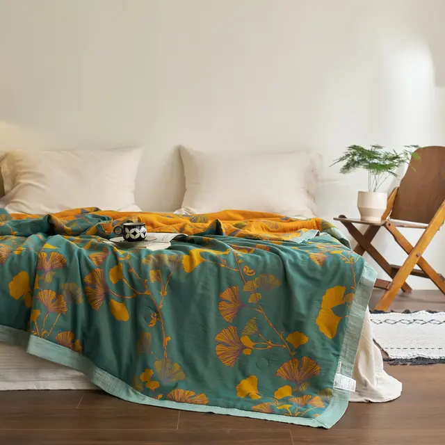 Pure Cotton Double layer Yarn Summer Quilt Yarn dyed Jacquard Simple Happy Blue And Yellow - Shop at LoveMi