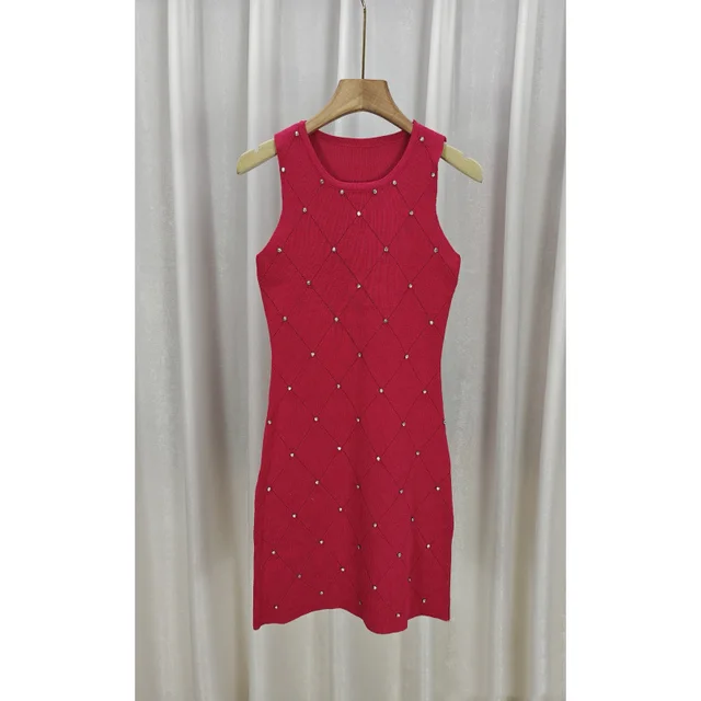 Sleeveless Hip Skirt Beaded Slimming Dress Red M5239 - Shop at LoveMi