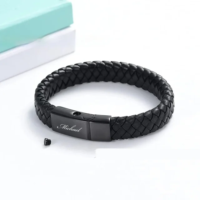 Leather Stainless Steel Cinerary Casket Bracelet Black - Shop at LoveMi