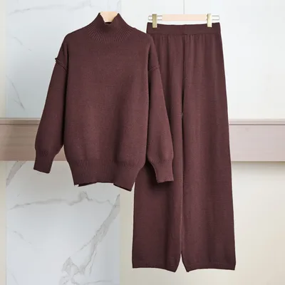 Casual Laid back Style Solid Color Loose High Collar Knitted Sweater Suit Brown - Shop at LoveMi