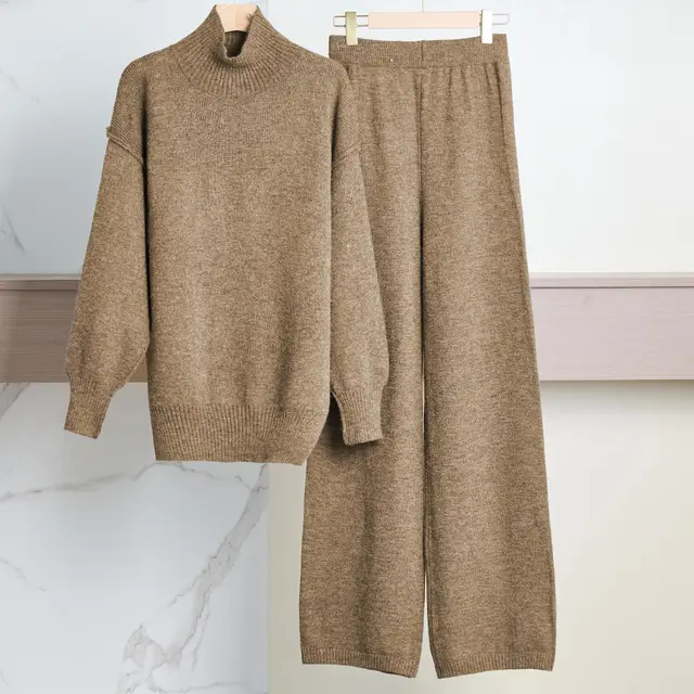 Casual Laid back Style Solid Color Loose High Collar Knitted Sweater Suit Camel - Shop at LoveMi