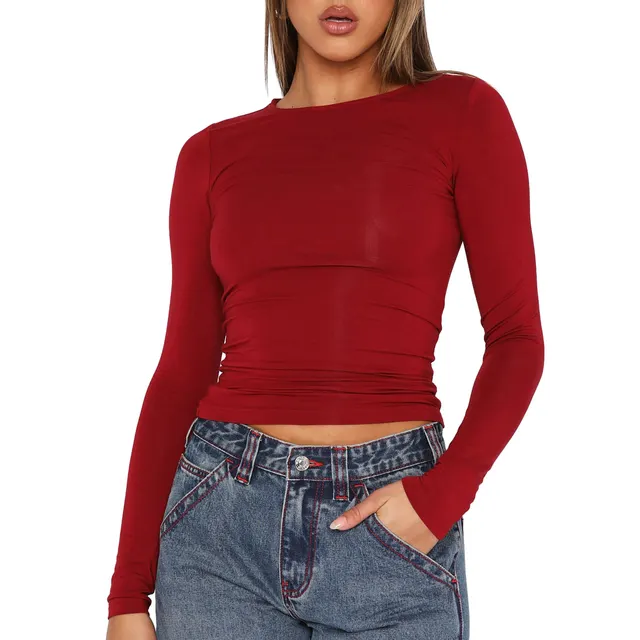 Versatile Irregular Slim Fit Bottoming Top Slim fit Long Sleeve Red - Shop at LoveMi