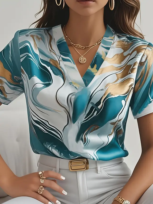 Geometric Pattern V neck Commuter's All matching Short Sleeve Shirt Blue - Shop at LoveMi