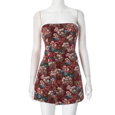 Sleeveless Off the shoulder Tube Top Jacquard Dress Wine Red - Shop at LoveMi