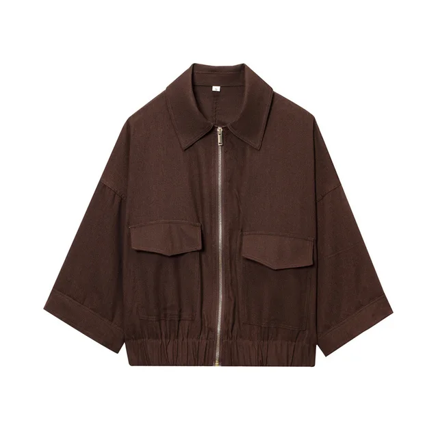 Women's New Ramie Blend Zip Jacket Brown - Shop at LoveMi