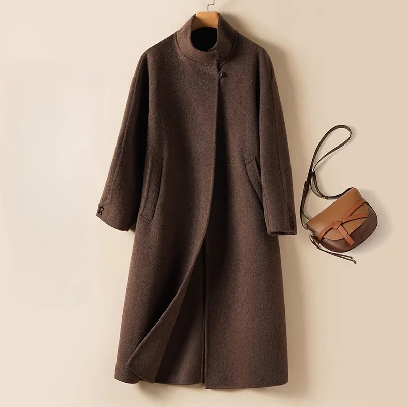 Long Stand up Collar High grade Double sided Woolen Coat Brown - Shop at LoveMi