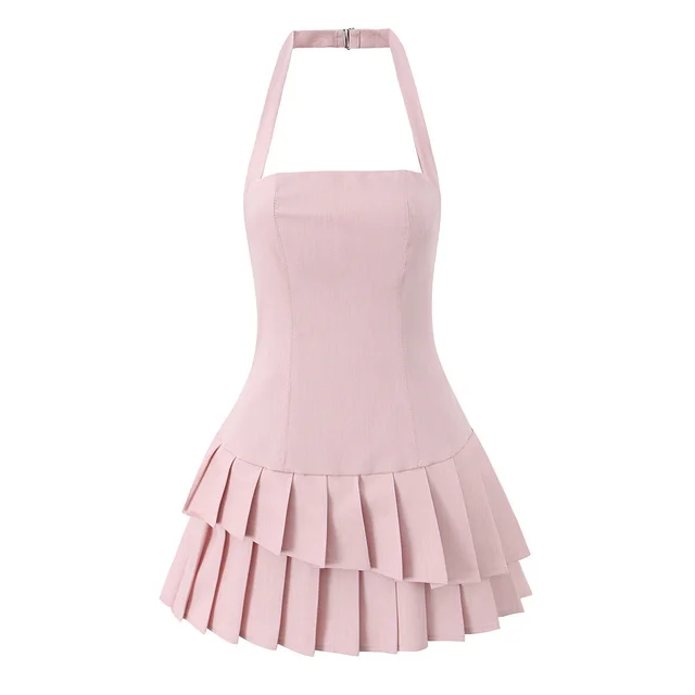 Women's Classic Fashion Halter Pleated Short Dress Pink - Shop at LoveMi
