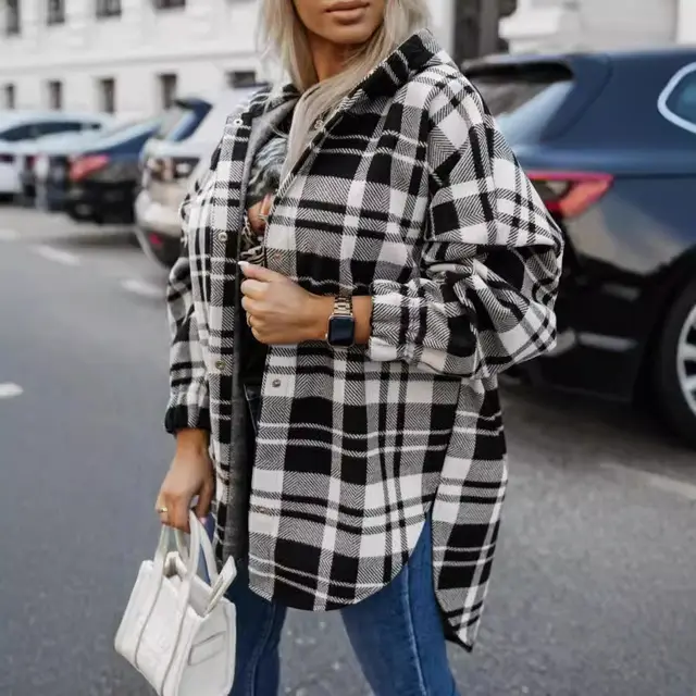 Plaid Hooded Side Slit Personality Street Coat Black - Shop at LoveMi