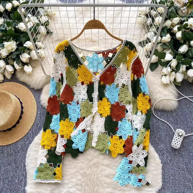 Bohemian Retro Ethnic Style Exquisite Hollow out Crocheted Knitted Cardigan For Women Apricot - Shop at LoveMi