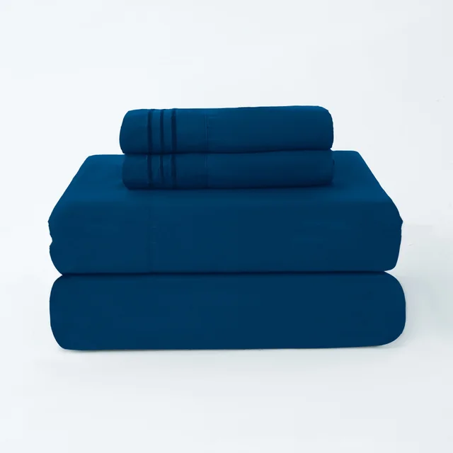 Pillowcase Three Lines Chemical Fiber Bed Sheet Fitted Sheet Set Navy Blue - Shop at LoveMi