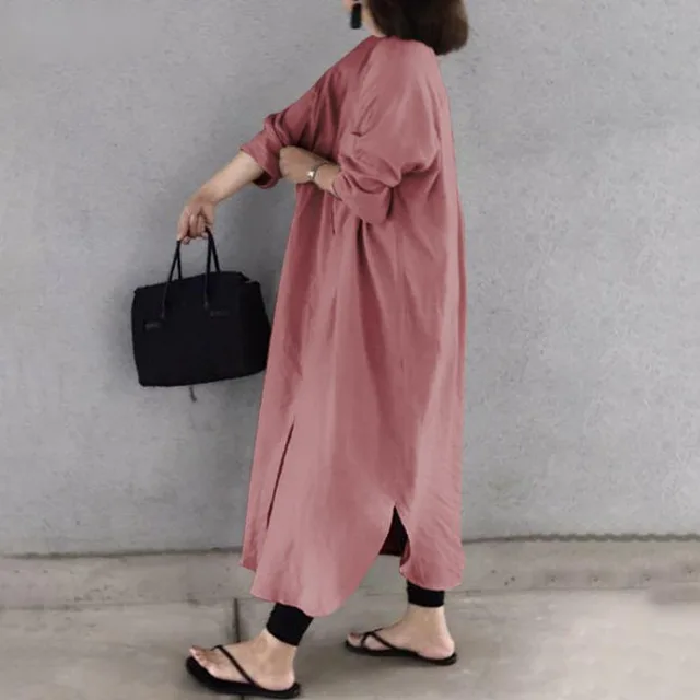 Spring Rayon Cardigan Stand Collar Mid length Loose Women's Clothing Dress Pink - Shop at LoveMi