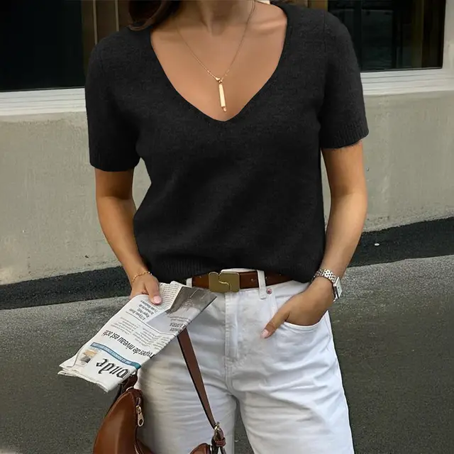 Casual Style Woolen Short sleeved T shirt Women's Sweater Black - Shop at LoveMi