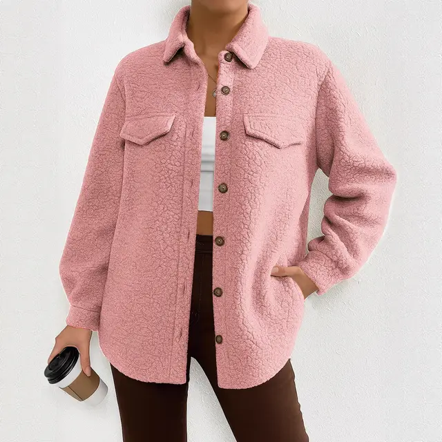 Women's Long Sleeve Lapel Fleece Coat Overcoat Pink - Shop at LoveMi