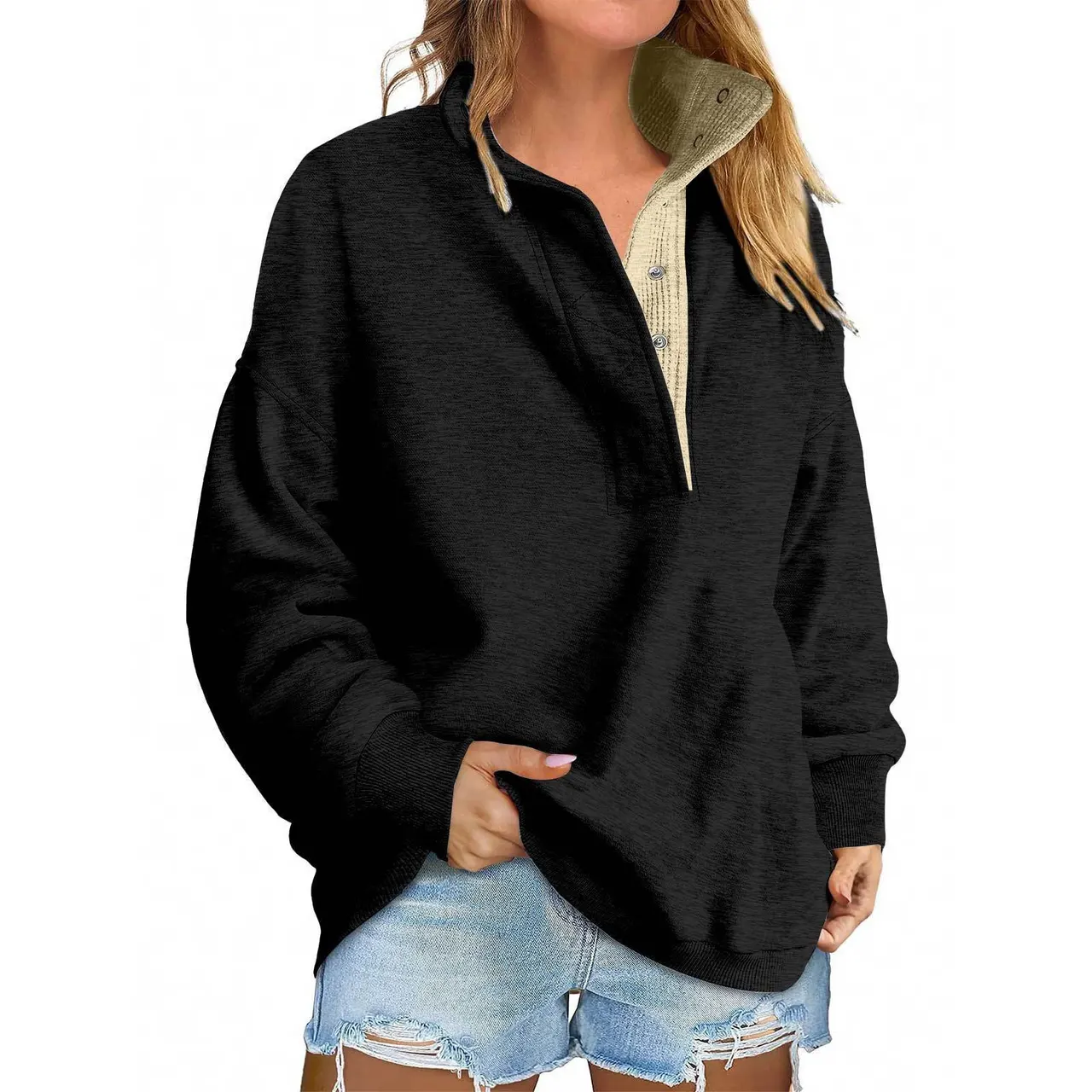 Pullover Leisure Loose Button Sweater For Women - Black