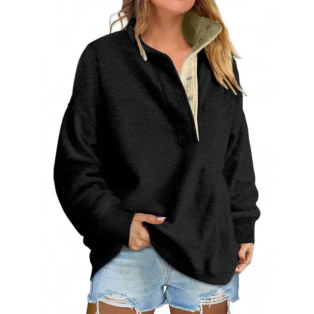 Pullover Leisure Loose Button Sweater For Women Black - Shop at LoveMi