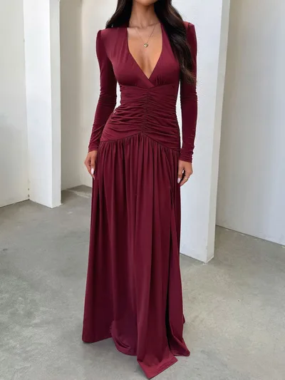 European And American Elegant Deep V Long Sleeve Skirt Wine Red - Shop at LoveMi