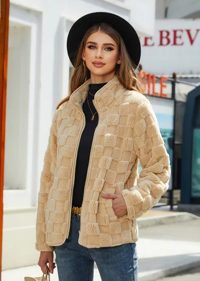 Loose Solid Color Plaid Plush Coat Apricot - Shop at LoveMi