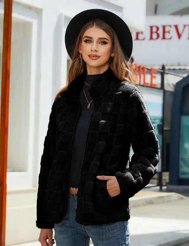 Loose Solid Color Plaid Plush Coat Black - Shop at LoveMi