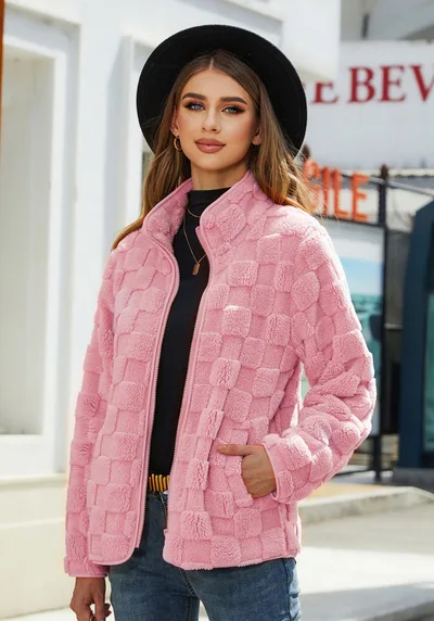 Loose Solid Color Plaid Plush Coat Honey Bud Powder - Shop at LoveMi
