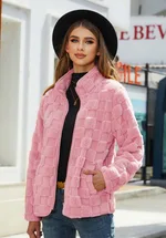 Loose Solid Color Plaid Plush Coat - Honey Bud Powder
