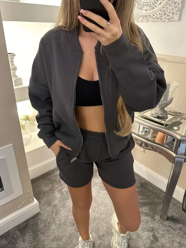 Long Sleeve Coat Shorts Two piece Suit For Women Dark Gray - Shop at LoveMi