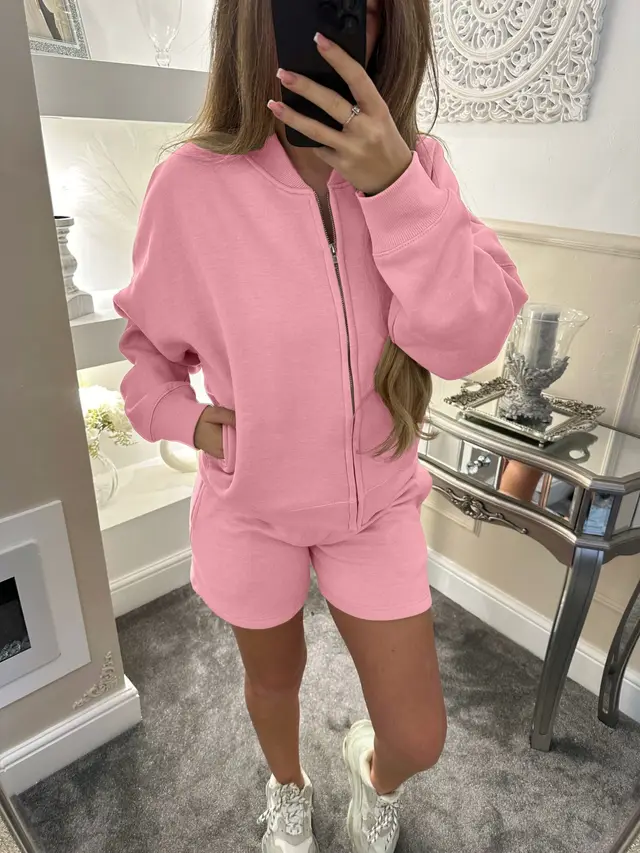 Long Sleeve Coat Shorts Two piece Suit For Women Pink - Shop at LoveMi