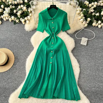 Women's French style Single breasted Knitted Dress Sweater Green - Shop at LoveMi