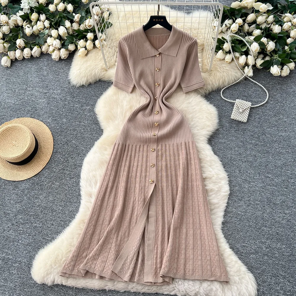Women's French-style Single-breasted Knitted Dress Sweater - Khaki - View 1