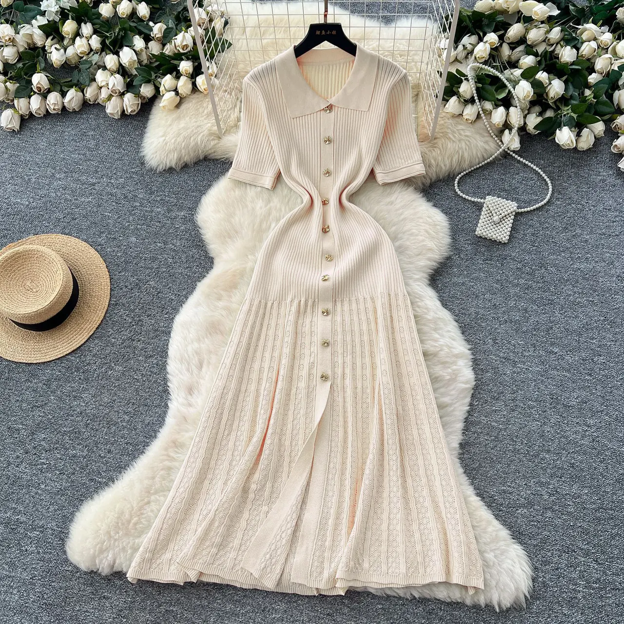 Women's French-style Single-breasted Knitted Dress Sweater - Light Apricotcolor