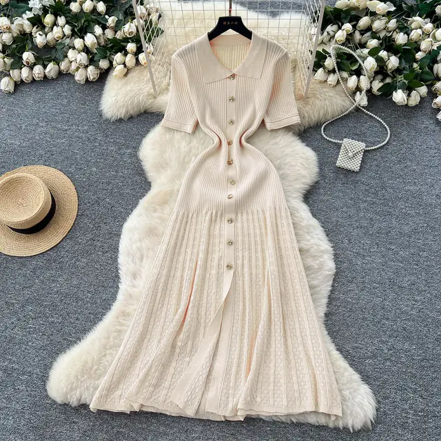 Women's French style Single breasted Knitted Dress Sweater Light Apricotcolor - Shop at LoveMi