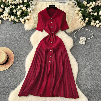 Women's French style Single breasted Knitted Dress Sweater Red - Shop at LoveMi