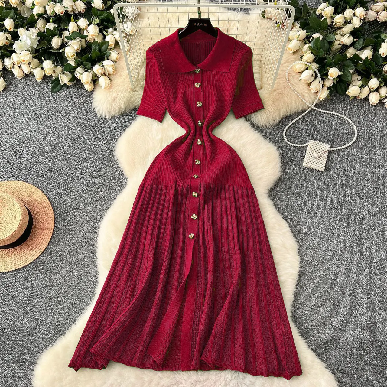 Women's French-style Single-breasted Knitted Dress Sweater - Red