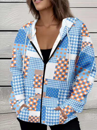 Casual All matching Fashion Trendy Plaid Stitching Breathable Zipper Sweater Mf08Jl250731Y140 M - Shop at LoveMi