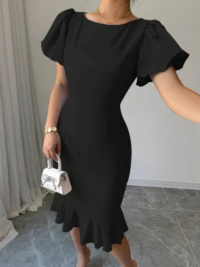 Round Neck Lantern Sleeve Ruffled Elegant Fishtail Skirt Black - Shop at LoveMi