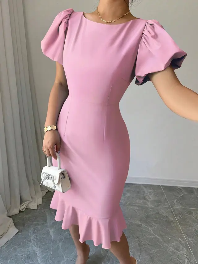 Round Neck Lantern Sleeve Ruffled Elegant Fishtail Skirt Pink - Shop at LoveMi