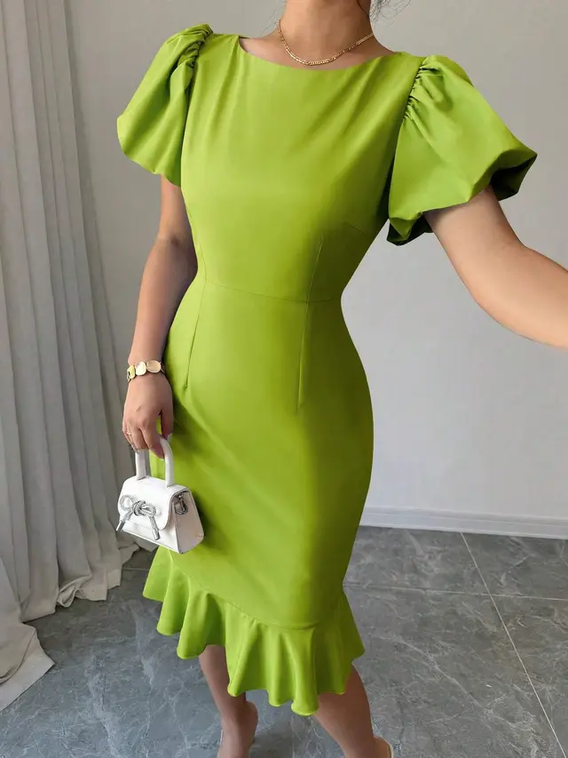 Round Neck Lantern Sleeve Ruffled Elegant Fishtail Skirt Yellow Green - Shop at LoveMi