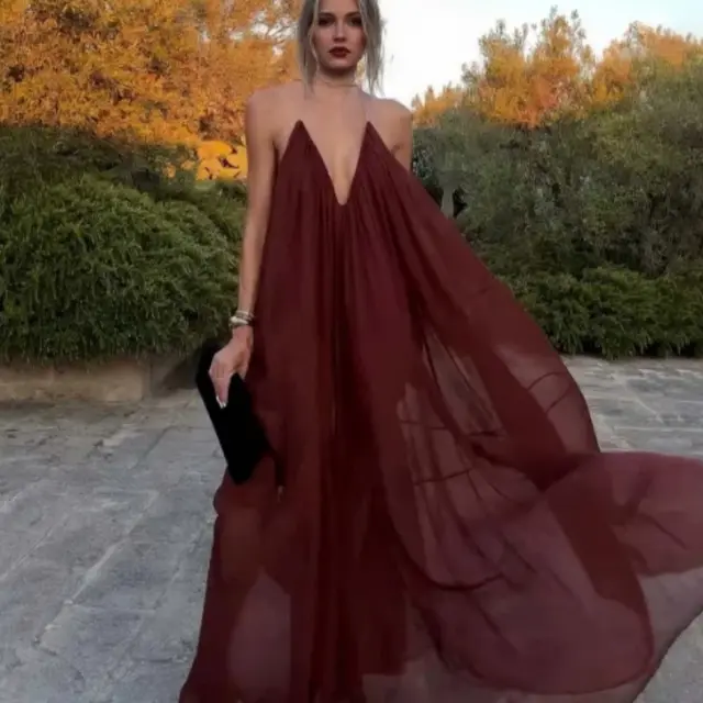 Elegant V neck Chiffon Flowing Long Dress Wine Red - Shop at LoveMi